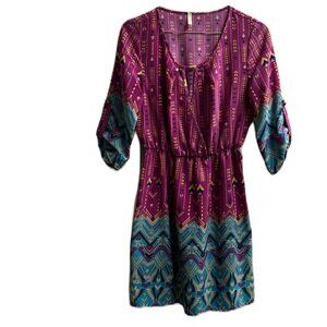 Hello Miss, Multi Colors, Wrap Front, Keyhole Front Rolled Tab Sleeves Dress, S